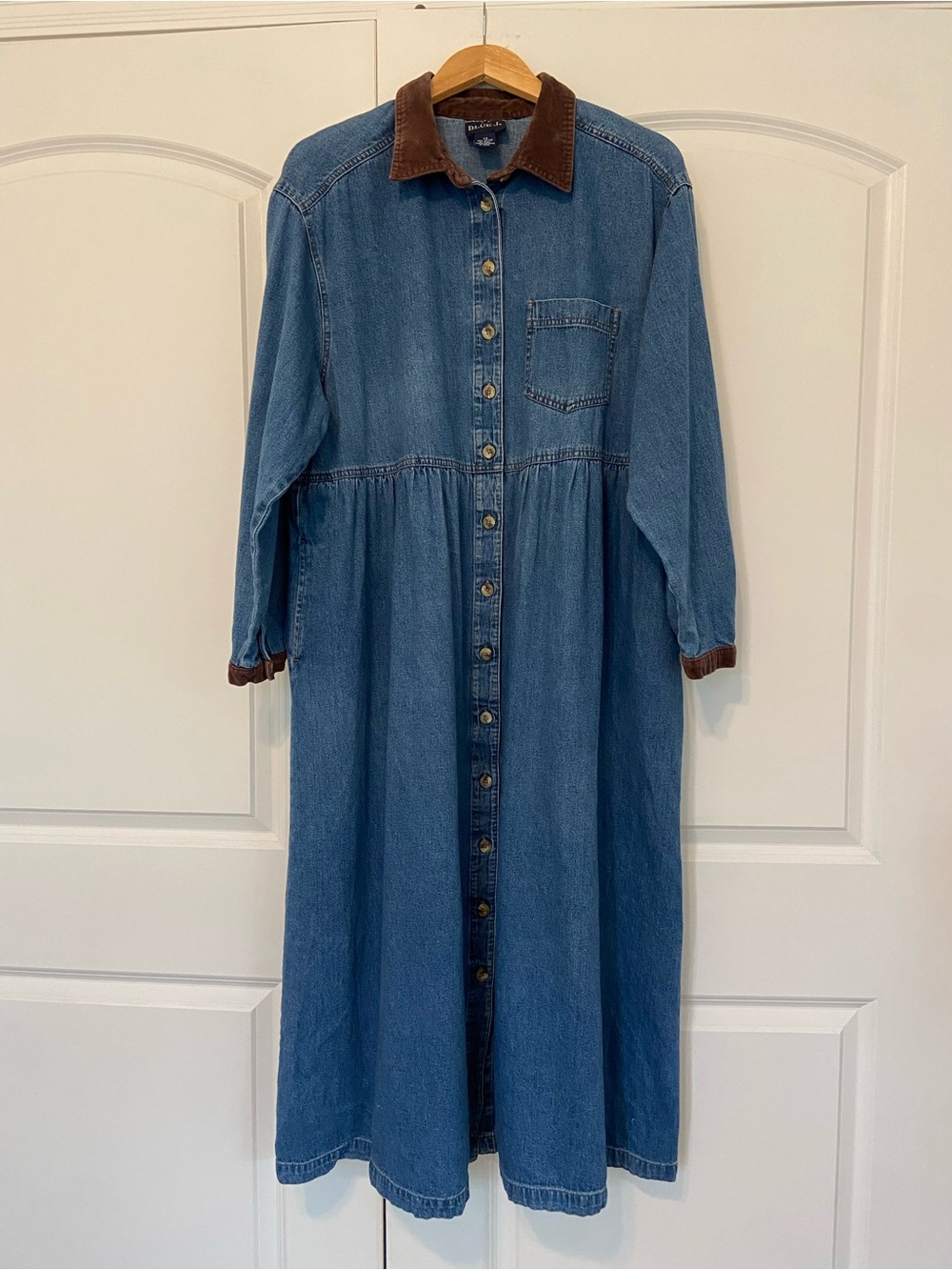 Vtg 90s Blue Jean Denim Maxi Dress 1X Button Front Corduroy Modest Cottagecore